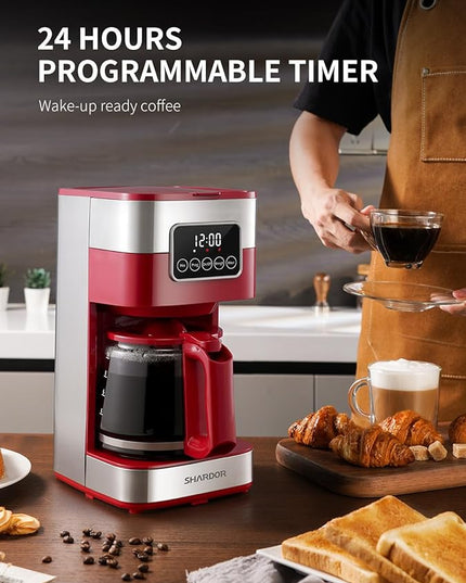 SHARDOR 10-Cup Programmable Coffee Maker, Regular & Strong Brew Drip Coffee Machine for Home and Office, Auto Shut Off, Permanent Filter (red)