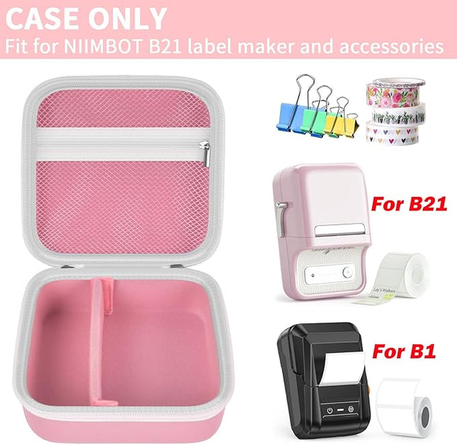 ALKOO Case Compatible with NIIMBOT B21 / Pro / B1 Label Maker Wireless Thermal Label Printer, Holder for Inkless Label Maker & Labeling Tapes Refills, with Mesh Pocket for Cable Accessories (Pink)