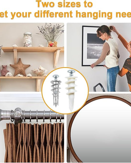 KURUI Self Drilling Drywall Anchors Assortment Kit, 200PCs Picture Hanging Kit for Frame,Curtain Rods,Art Hanging, 100PCs #6 Heavy Duty Metal Dry Wall Anchors 100PCs #8 Plastic Drywall Hangers