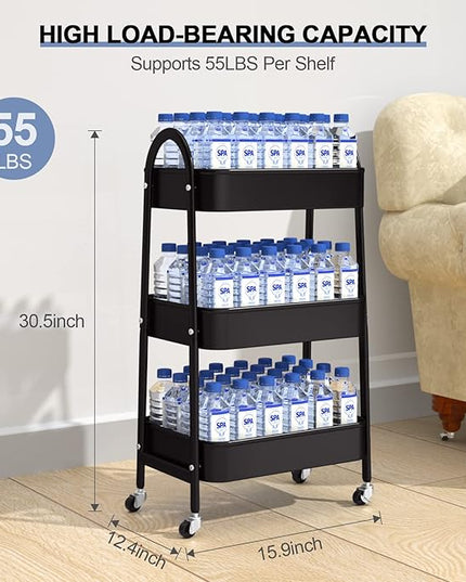 EAGMAK 3 Tier Utility Rolling Cart, Metal Storage Cart with Handle and Lockable Wheels, Multifunctional Storage Organizer Trolley with Mesh Baskets for Kitchen, Living Room, Office, Garage (Black)