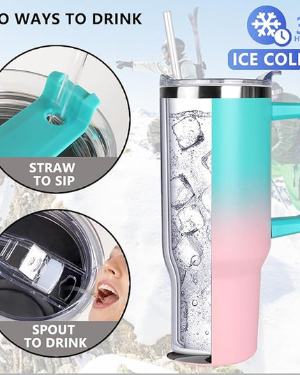 SYACOT 40 oz Tumbler with Handle and Straw Stainless Steel Insulated Tumbler Leak Proof Lid and Straw Lid Reusable Travel Mug Coffee Mug Cup Dishwasher Safe Keep Drinks Cold and Hot (Bubble Gum)
