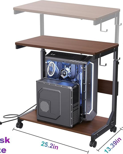 Height Adjustable Computer Tower Stand with Charge Station and USB Charging Port, 2-Tier ATX-Case Cart, Under Desk Mobile PC Stand, CPU Holder Cart with Locking Caster Wheels for Fits Most PC