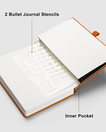 RETTACY Bullet Dotted Journal Notebook, 192 Pages, A5 Medium Size (5.7'' x 8.3''), Leather Hardcover, 100 GSM Thick Paper, for Bullet Journaling, Planning, Tracking (Orange)