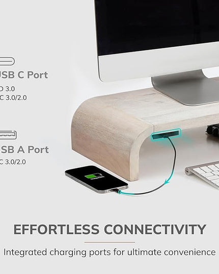 Anji Mountain Wood Monitor Stand Riser Desk Desktop Organizer Table for Home, Office Workspace, Laptop Riser, Ergonomic Design Stand for Gaming Setup, with Power Source, White Wash
