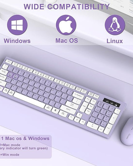 Wireless Keyboard and Mouse Combo, Full-Sized Wireless Keyboard and Adjustable DPI Mouse, 2.4GHz USB Receiver, Silent Keyboard and Mouse for PC, Windows, MAC, Desktop, Laptop(Purple)