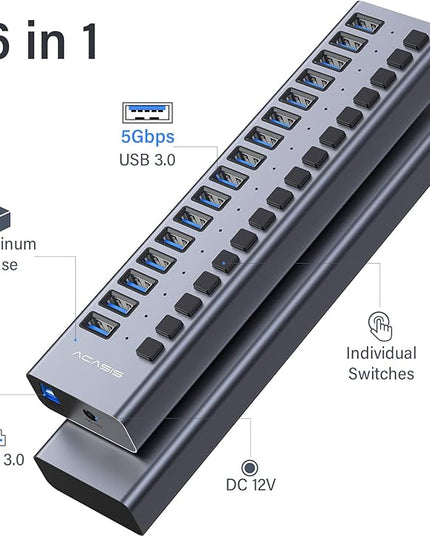 Powered USB 3.0 Hub, ACASIS 16 Ports USB 3.0 Hub with 5Gbps Data Speed，Aluminum Housing, USB Hub Powered with 90W Power Adapter, USB Hub for PC/Laptop, Computer, Flash Drive, Printer, Camera