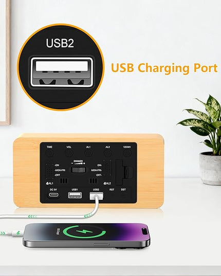 Fomobest Wooden Digital Alarm Clock for Bedroom -Desk Clock with Date, Day of Week, Temperature, Dual Alarms, Dimmer, USB Port Charge, DST, Adjustable Volume for Living Room/Office Wood Decor (Bamboo)