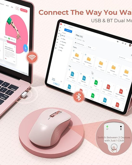 seenda Wireless Mouse, Bluetooth & 2.4G USB Dual Mode for Laptops & Computers - Mac & Windows Compatible - Pink