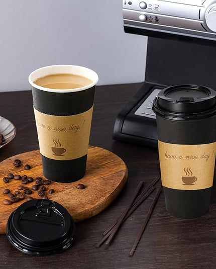 Lamosi 20 oz Disposable Coffee Cups with Lids 50 Pack, Hot Paper To Go Cups with Lids, Stir Sticks and Sleeves, for Home, Travel, Office