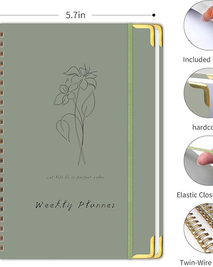 Undated Weekly Planner with Metal Corner Hardcover Notebook , A5 Size Journal with To Do List Planner, Habit Tracker,Weekly Goals for ADHD,Student, Office, Women, Men ,Gifts,6 x 8 inches，Spiral Bindding ,Green