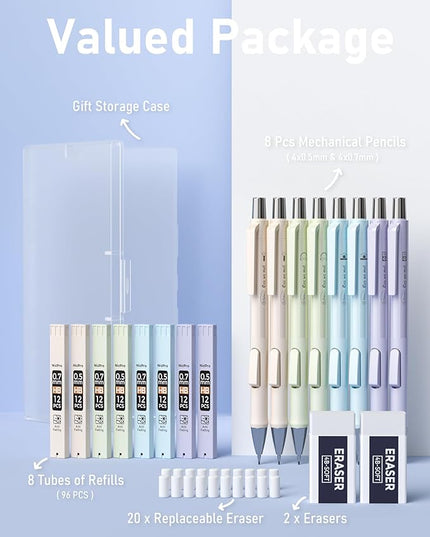 Nicpro 8PCS Pastel Mechanical Pencil 0.5 & 0.7 mm, Cute Fast Click Mechanical Pencils Set with 8 Tubes HB Lead Refills, Erasers for Drafting, School Student Writing, Drawing, Sketching -with Case