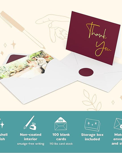 VNS Creations Gold Foil Thank You Cards With Envelopes Bulk Set & Stickers - 100 Pack 4x6 Blank Thank You Notes Box Set - Large Note Card Small Business, Wedding, Baby Shower & Bridal Shower - Wine