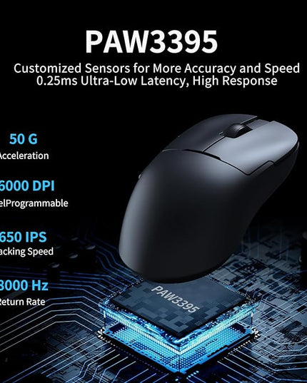 AJ159PRO 8Khz Bluetooth/2.4G/Wired 56G Lightweight Gaming Mouse with Magnetic Charging Dock, PAW3395 Sensor 26KDPI, Huanuo 100 Million Click, 100% ETFE Foot Pad & 8Khz Receiver