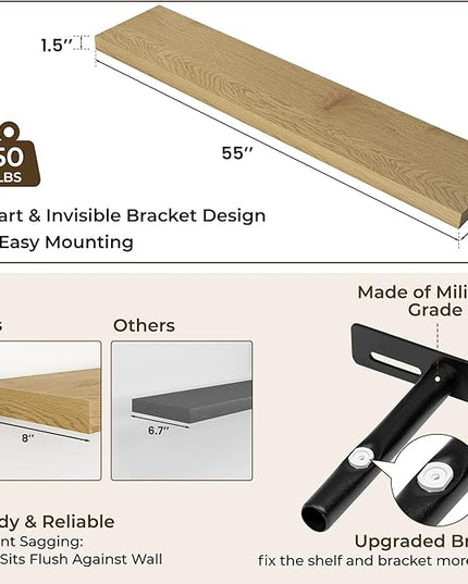 RICHFOCUS 55Inch Floating Shelves for Wall 2 Pack Shelves for Bedroom|Kitchen|Bathroom Wall Mounted Rustic Wood Floating Shelf with Invisible Brackets for Books|Storage|Decor, Oak