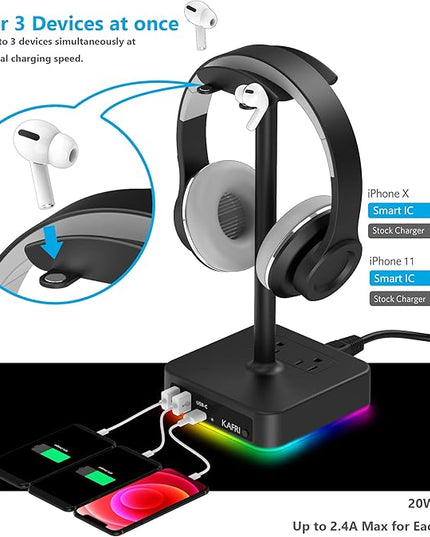 KAFRI RGB Headphone Stand with USB A&C Charger Desk Gaming Headset Holder Hanger Rack with 3 USB Charging Port and 2 Outlet - Suitable for Gamer Desktop Table Game Earphone Accessories Boyfriend Gifts
