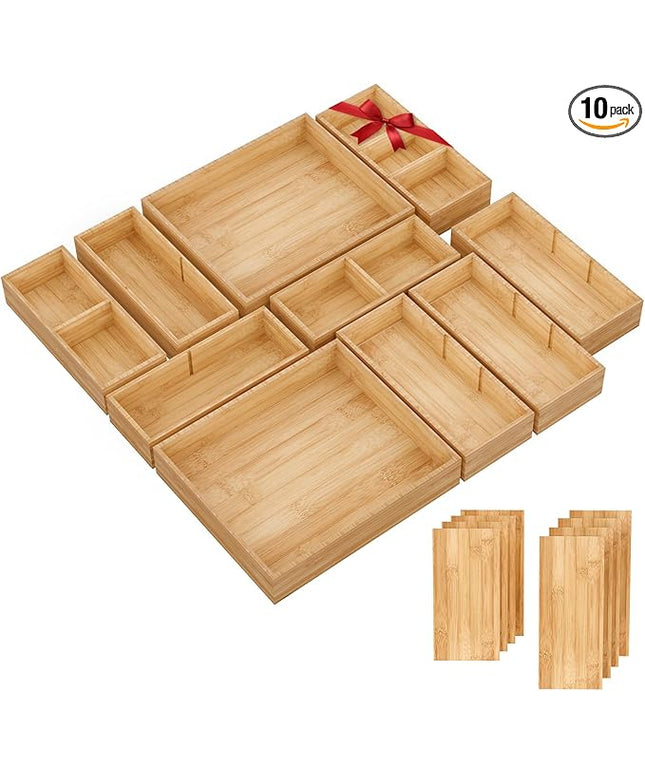 SpaceWhisper Bamboo Drawer Organizer, 10-Piece Drawer Divider with Removable Dividers for Organization and Storage, Multi-Use Stackable Storage Box & Utensil Holder for Kitchen, Office, Makeup & More
