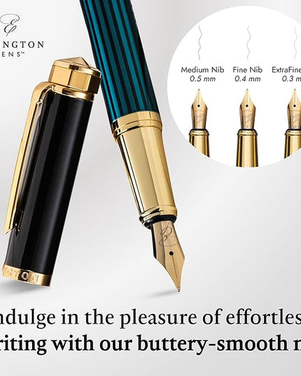 Ellington Pens Luxury Fountain Pen Set - Smooth Medium Nib - Includes 3 Ink Cartridges, Refillable Ink Converter, Gift Box -Fountain Pens For Writing, Calligraphy, Journaling, Sketching (Urban Hunter)