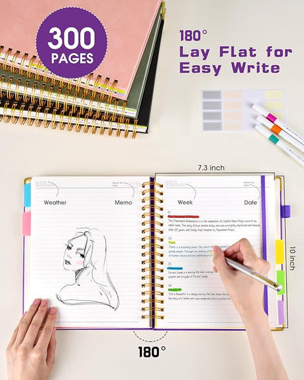 Hardcover Spiral Notebook Journal with Removable Dividers Tabs, 300 Pages Leather 5 Subject Notebook College Ruled, 8"x10" Large Notebooks for Work School Note Taking, Journal for Women, Dark Purple