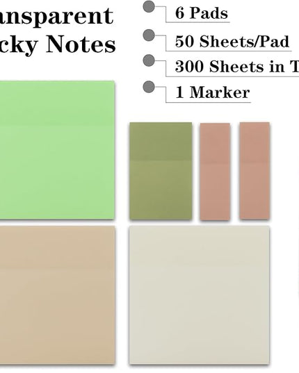 Translucent Sticky Notes, 3"x3" Cute Clear Transparent Page Flags Book Markers Stickers, Planner Accessories Sticky Notes, Bible Journaling Study Office School Supplies