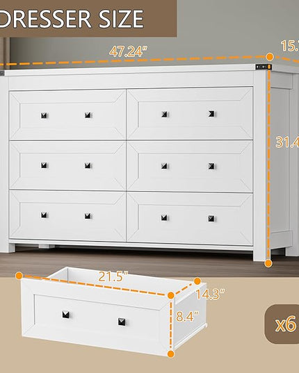 BORNOON 6-Drawer Dresser, Modern Wooden Storage Chest of Drawers, Dresser TV Stand, Wood Drawer Organizer with Metal Handles for Bedroom, Living Room, Hallway