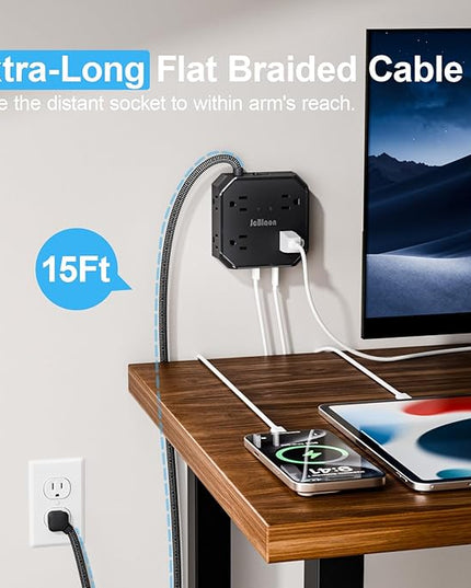 Surge Protector Power Strip-15 Ft Flat Plug Extension Cord with 8 Widely Outlets and 4 USB Ports(2 USB C) Multi Plug Outlet Extender for Office, School, Travel and Dorm Room Essentials-Black