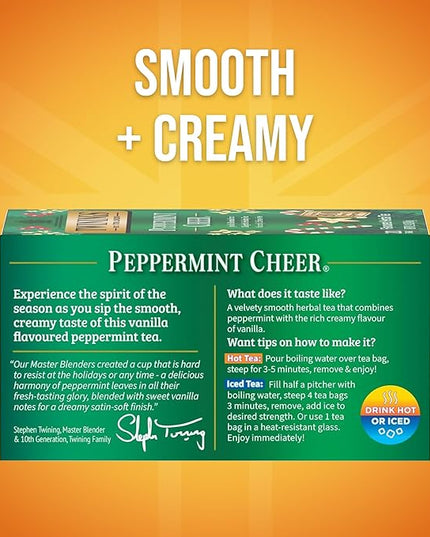 Twinings Peppermint Cheer Herbal Tea Individually Wrapped Bags, 20 Count (Pack of 2), Peppermint & Vanilla, Naturally Caffeine-Free, Enjoy Hot or Iced, 20 Teabags