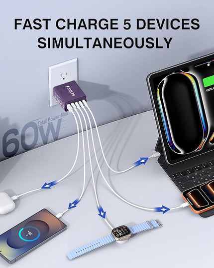 [2Pack] 60W USB C Plug,5-Port Fast Charger Block PD+QC Cube Wall Charging Box Brick for iPhone 17/16/15/14/13 for Samsung Galaxy S25/S24/S23/S22/S21+/S21 Ultra, Magsafe Wireless Charger,(Purple)