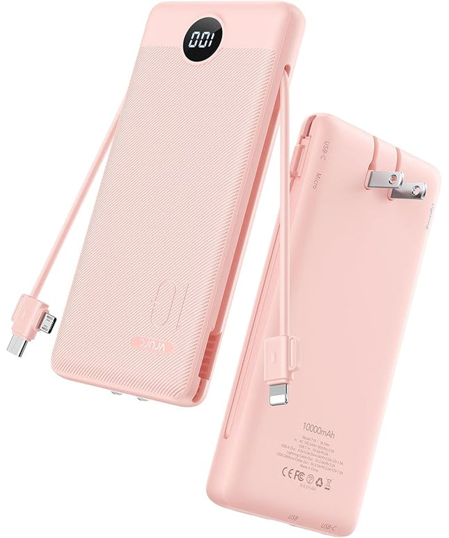VRURC Portable Charger Power Bank with Wall Plug, 10000mAh Portable Charger with Built in Cables, PD 20W Fast Charging Portable Charger with Cords External Charger Travel Accessories-Pink(1 Pack)