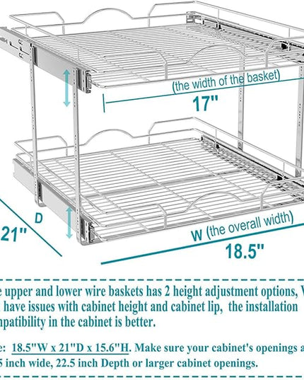 OCG 2 Tier Pull Out Cabinet Organizer (18.5" W x 21" D), Pull Out Drawers for Kitchen Cabinets, Pull Out Shelves for Base Cabinet Organization in Kitchen Bathroom Pantry, Chrome Finish