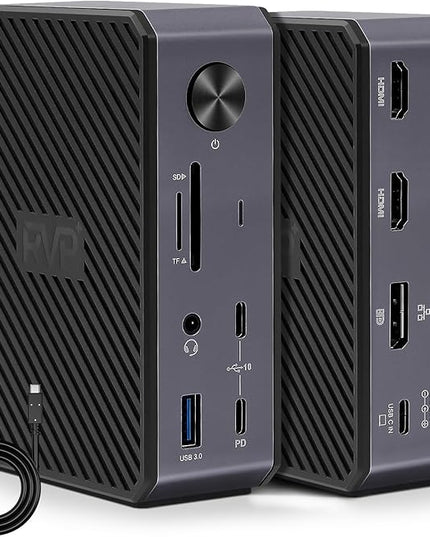 RVP+ USB C Docking Station 3 Monitors, 14-in-1, 10Gbps USB-C, 5Gbps USB 3.0, 85W Laptop-Charging, PD 18W, Triple Display-4K HDMI Dual Monitors & DisplayPort, Gigabit Ethernet, Audio, TF/SD 3.0(RVP-G8)