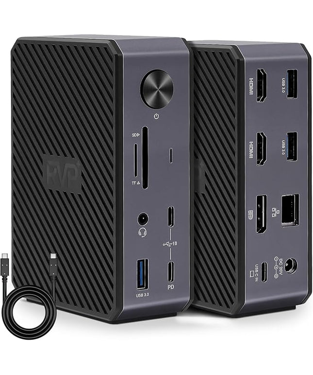 RVP+ USB C Docking Station 3 Monitors, 14-in-1, 10Gbps USB-C, 5Gbps USB 3.0, 85W Laptop-Charging, PD 18W, Triple Display-4K HDMI Dual Monitors & DisplayPort, Gigabit Ethernet, Audio, TF/SD 3.0(RVP-G8)