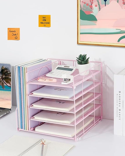 LEKETREE Desk Organizers and Accessories, 5-Tier Paper Letter Tray Organizer with File Holder, Desktop Organizer for Office Supplies (Pink)