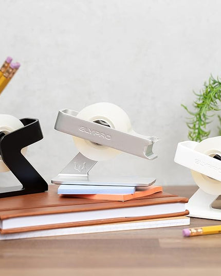 ELYPRO Modern Tape Dispenser for Office Desk - Elegant and Minimalist Design, Heavy Metal Made, Space-Saving, Perfect for Office & Home Use or as a Stylish Gift - Bonus Tape Roll Included (Black)