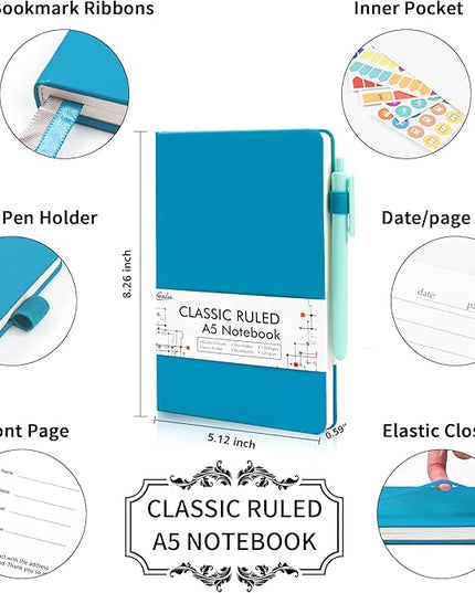 feela 3 Pack Notebooks Journals Bulk, Hardcover Notebook Classic Ruled Lined Journal Set with Pen Holder for Work Business Journaling Note Taking, with 3 Black Pens, 120 GSM, 5.1”x8.3”, A5, Teal