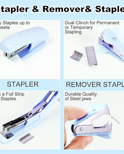 Desk Organizers and Accessories Set with 360-Degree Rotating Pen Holder, Tape Dispenser, Stapler, Staple Remover, 1000 Staples, Tape, Clips Set, Ruler, Scissor, Pen