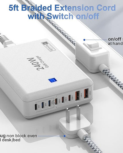 240W Fast Charging Blocks, 8-Port Charging Station for iPhone/Ipad/MacBook, 6C2A PD GaN Charger Box, USB Tower Hub 5ft Braided Power Cord with On/Off Switch, Flat Plug, Travel Essentials