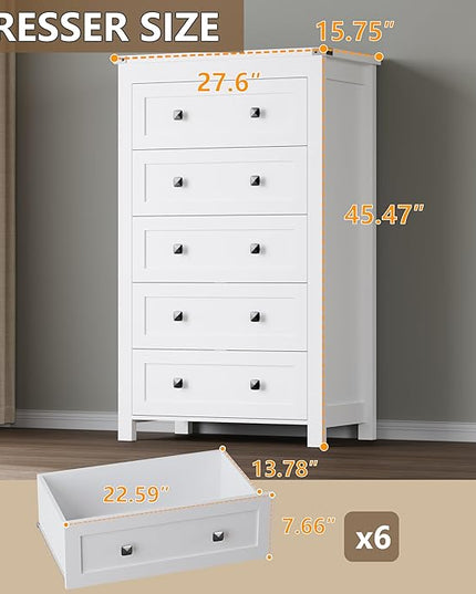BORNOON Tall 5-Drawer Dresser, Modern Wooden Storage Chest of Drawers, Dresser TV Stand, Wood Drawer Organizer with Metal Handles for Bedroom, Living Room, Hallway