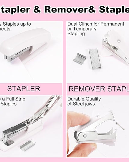 Desk Organizers and Accessories Set with 360-Degree Rotating Pen Holder, Tape Dispenser, Stapler, Staple Remover, 1000 Staples, Tape, Clips Set, Ruler, Scissor, Pen