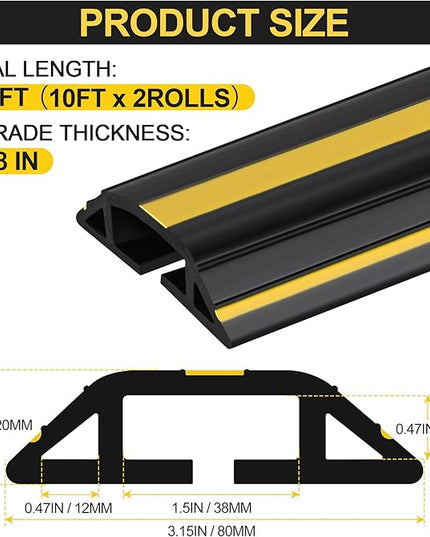 MYFAMIREA 20FT Floor Cord Cover Heavy Duty Cable Cover Protector 3 Channels Extension PVC Floor Wire Cover Outdoor Cord Hider Management Cord Cover for Wire on Floor Home Office Outdoor (2PCS 10FT)