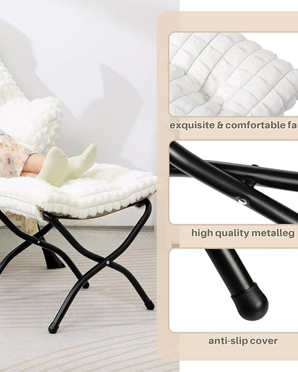 HollyHOME 15"(H) Folding Footrest Stool, Upholstered Small Foldable Ottoman, Accent Padded Sofa Foot Stool for Lazy Chair, Metal Portable Foot Rest Ottoman for Living Room, Bedroom, Faux-Fur White