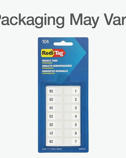 Redi-Tag Weekly Adhesive Tabs, Preprinted Weekday Tabs, 2 Sets of 1-52, 7/17" x 1", 2 Sets, Durable and Customizable Labels with Permanent Adhesive for Planners and Files, White (1006547)