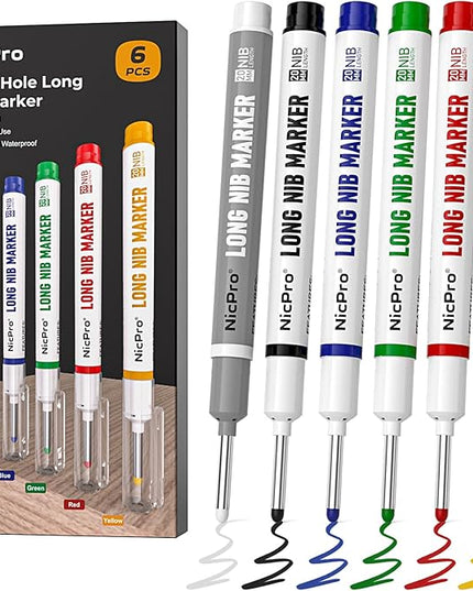 Nicpro 6 PCS Long Nib Marker Pens, 20mm Deep Hole Marker, Quick Dry & Waterproof Construction Markers, Long Head Markers for Metal, Steel, Tile, Glass, Carpenter Marking Pen for Woodworking (Colorful)