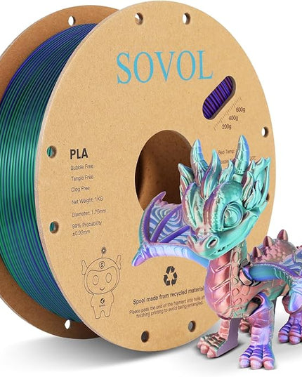 Sovol Silk PLA Filament Tri Color Co-Extrusion 1.75mm, 3D Printer Filament 1kg/ 2.2lbs, Shiny Silk Copper Purple Green 3 in 1 Coextrusion PLA Material +/-0.03mm