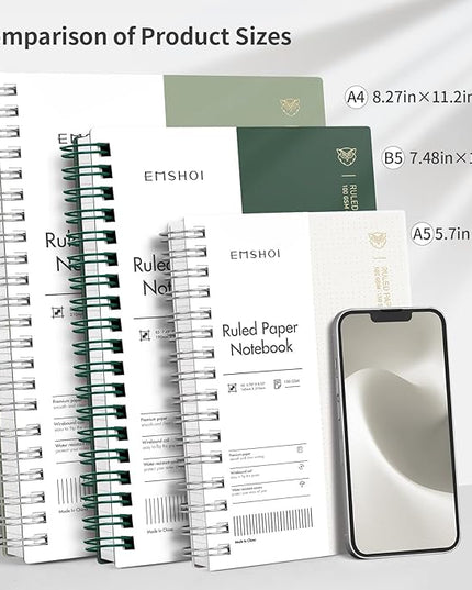 EMSHOI Lined Journal A4 Spiral Notebook, College Ruled Notebook, 300 Pages/150 Sheets, 100gsm Acid-Free Paper, Waterproof Softcover Notebook for School, Work, Writing, 8.27" × 11.2" - Dark Green