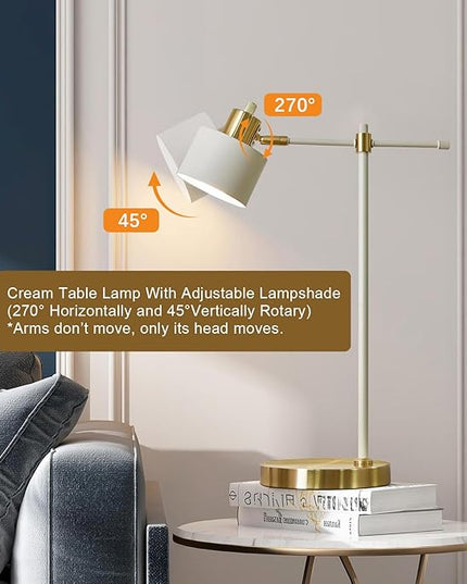 OYEARS Modern Industrial Desk Lamp for Reading LED 22.2“ Metal Table Lamp Light for Office Bedroom Study Room Living Room Nightstand Bedside Lamps Gold and Matte Cream Accent (Cream, Bulb Included)