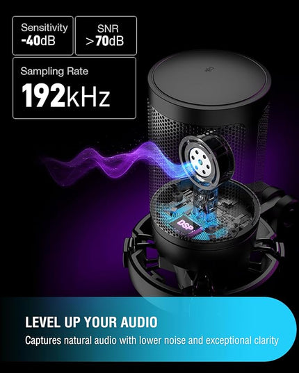 FIFINE Gaming USB Microphone for PC PS5, Condenser Mic with Quick Mute, RGB Indicator, Tripod Stand, Pop Filter, Shock Mount, Gain Control for Streaming Discord Twitch Podcasts Videos- AmpliGame