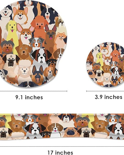 Britimes Ergonomic Mouse Pad Set with Wrist Rest Colorful Doodle Dogs Non-Slip Rubber Base Wrist Cushion Support and Coasters Mousepad with Wrist Support for Computer Keyboard and Desk