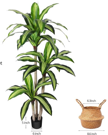 Ferrgoal Artificial Plants, 5 Ft Dracaena Tree Faux Plants Indoor Outdoor Decor Fake Tree with Woven Seagrass Basket Plants for Home Decor Office Living Room Porch Patio Housewarming