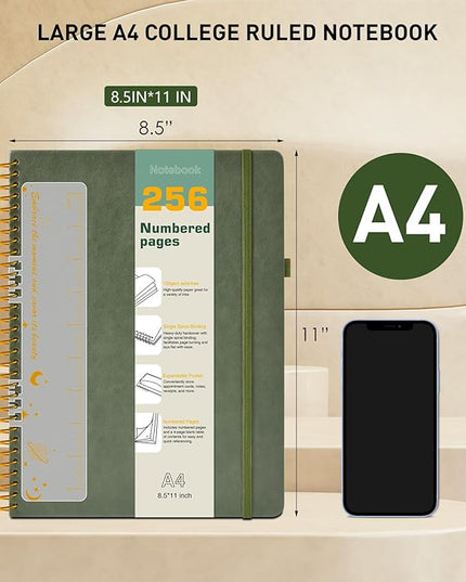 A4 Spiral Notebook Journal 8.5” x 11”, 256 Numbered Pages Hardcover Leather Journals for Women Men, Large Lined College Ruled Notebooks, 100GSM Thick Paper, Spiral Bound Journal for Work School, Green