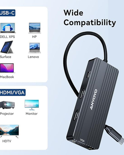 ANYOYO USB C Docking Station Dual HDMI Monitor Adapter 8-in-1 USB C HUB 3 Monitors Adapter with 4K HDMI +VGA +PD100W+Audio Laptop Docking Station for Dell/Lenovo/HP/Samsung/ASUS (Black)